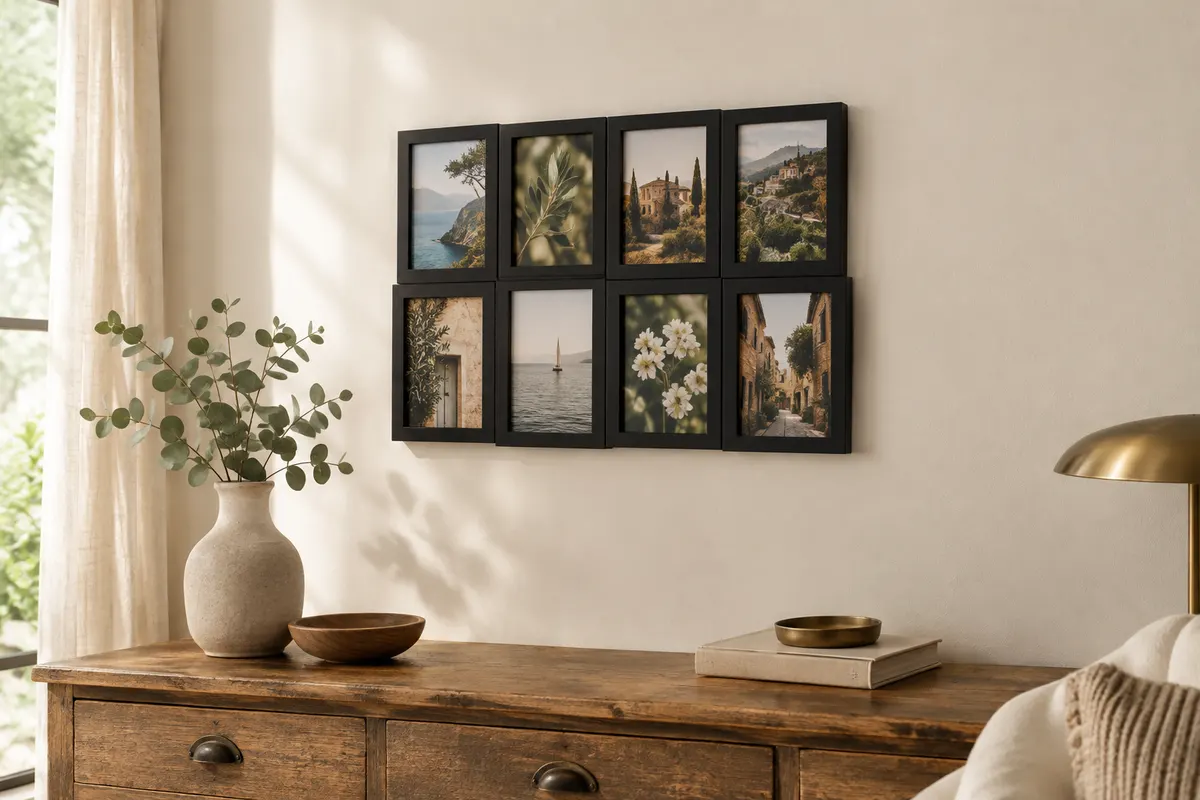 Pêle-mêle mural noir mat à dix photos accroché sur un mur ivoire au-dessus d’une console en bois.