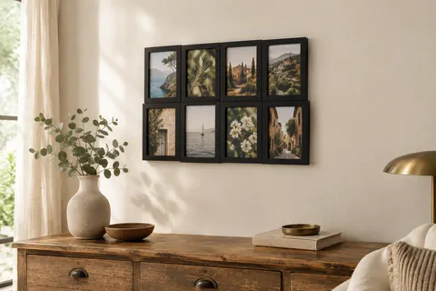 Pêle-mêle mural noir mat à dix photos accroché sur un mur ivoire au-dessus d’une console en bois.
