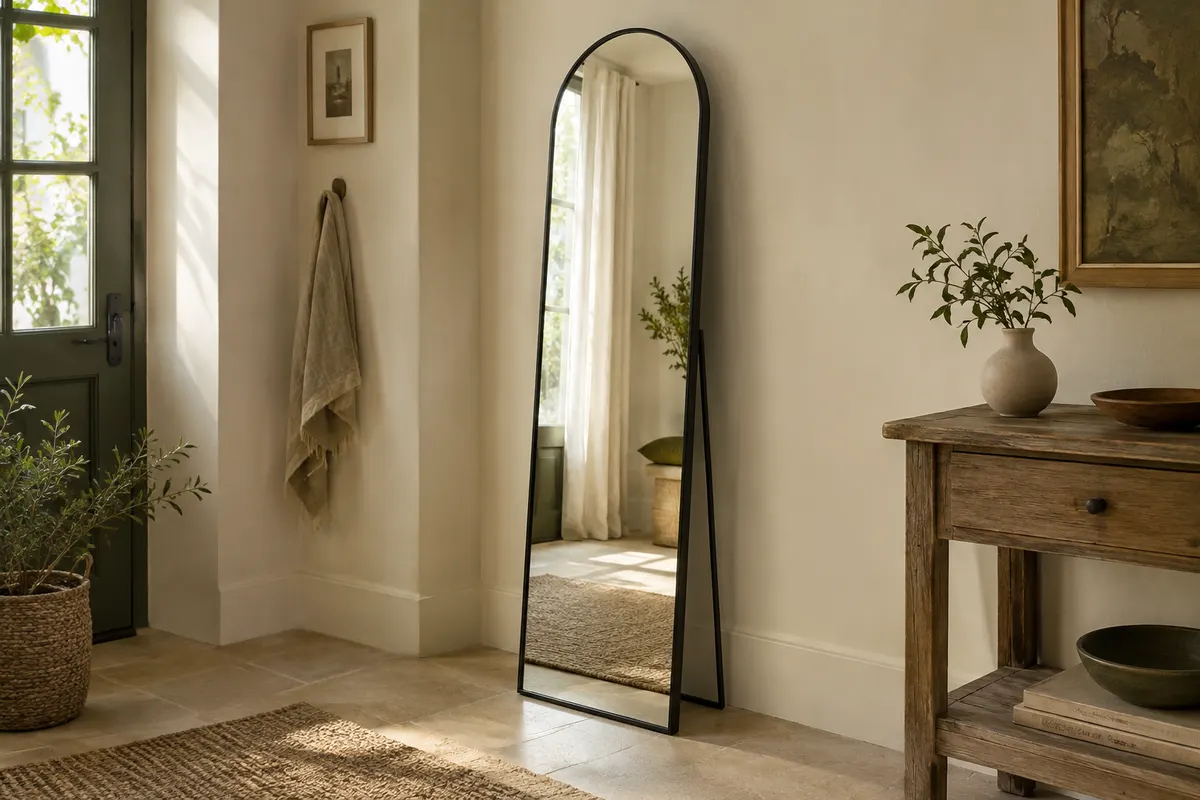 Miroir intégral arqué noir sur pied, installé dans une entrée lumineuse près d’une console en bois.