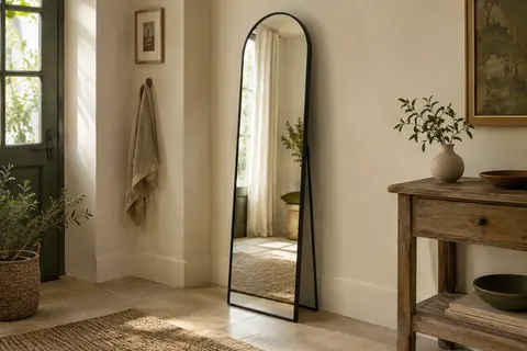 Miroir intégral arqué noir sur pied, installé dans une entrée lumineuse près d’une console en bois.