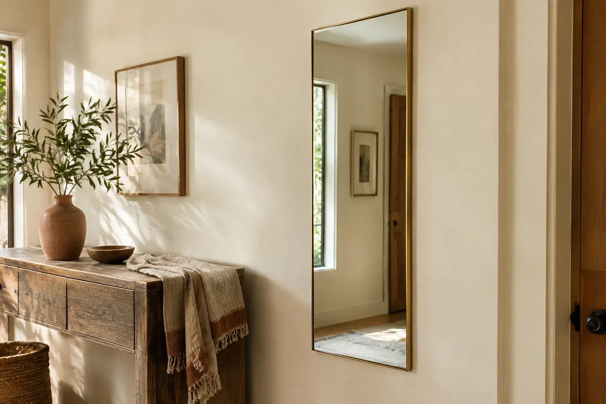 Miroir intégral rectangulaire au cadre doré clair suspendu dans une entrée aux matières naturelles.