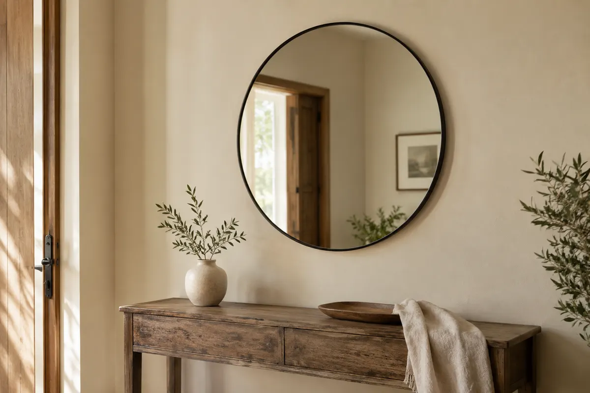 Miroir mural rond à cadre noir installé sur un mur ivoire au-dessus d’une console en bois patiné.