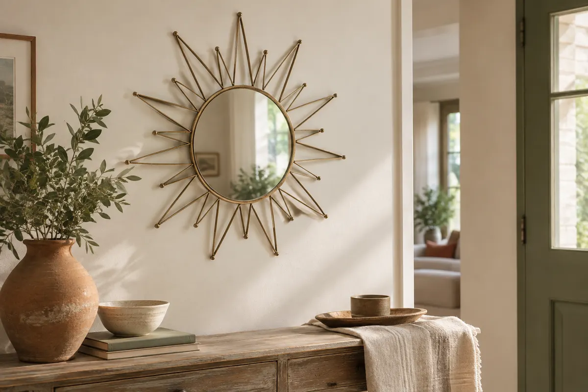 Miroir mural étoilé en métal doré vieilli, accroché sur un mur ivoire au-dessus d’une console en bois.