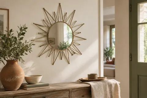 Miroir mural étoilé en métal doré vieilli, accroché sur un mur ivoire au-dessus d’une console en bois.