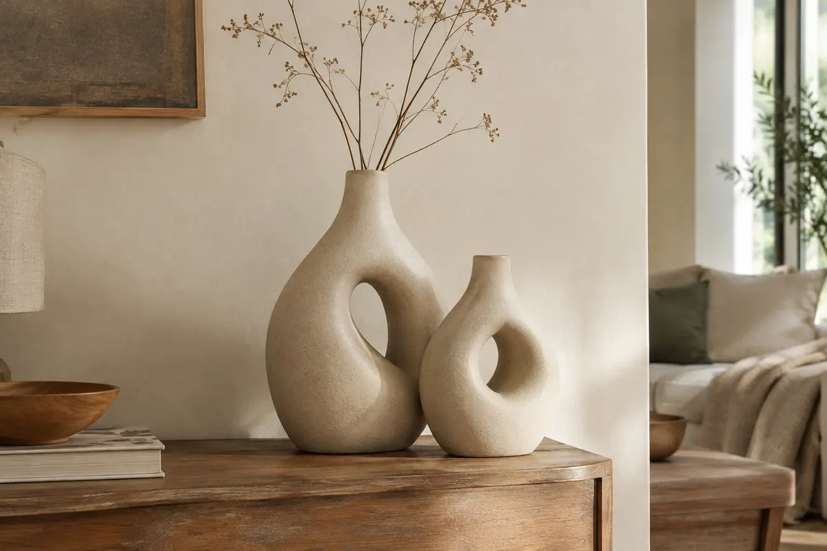 Duo de vases creux en céramique beige mate posé sur une console en bois patiné.