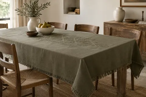 Nappe kaki en coton et lin avec broderie centrale et franges, présentée sur une table en bois.