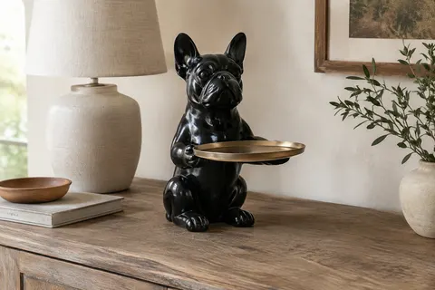 Statue noire en résine représentant un bouledogue avec plateau amovible, posée sur une console en bois.