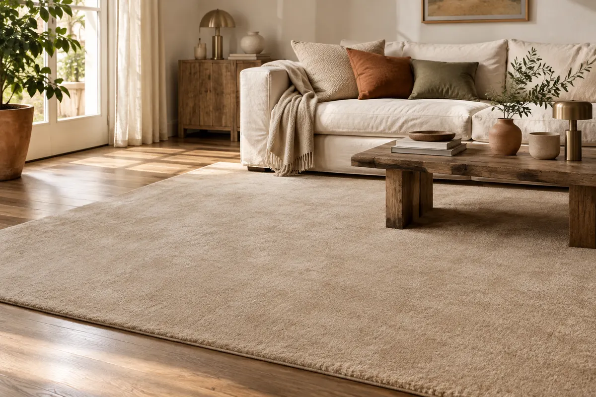 Tapis rectangulaire beige à surface douce posé dans un salon aux matières naturelles