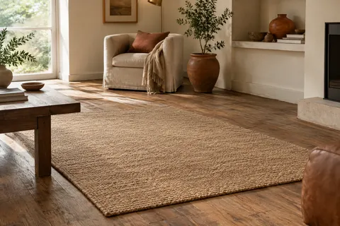 Tapis rectangulaire à effet jute posé dans un salon lumineux aux matières naturelles et aux tons doux.