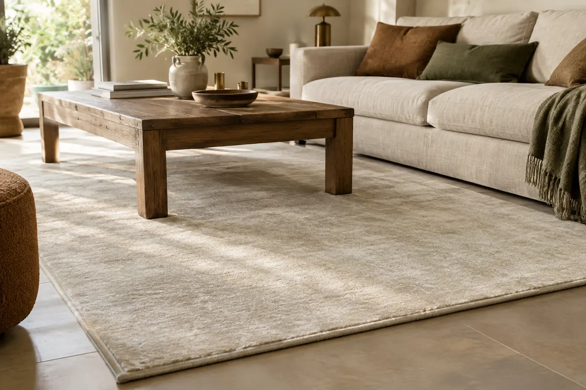 Tapis Mila crème à poils courts et bordure encadrante posé dans un salon lumineux