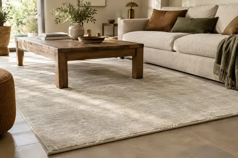 Tapis Mila crème à poils courts et bordure encadrante posé dans un salon lumineux