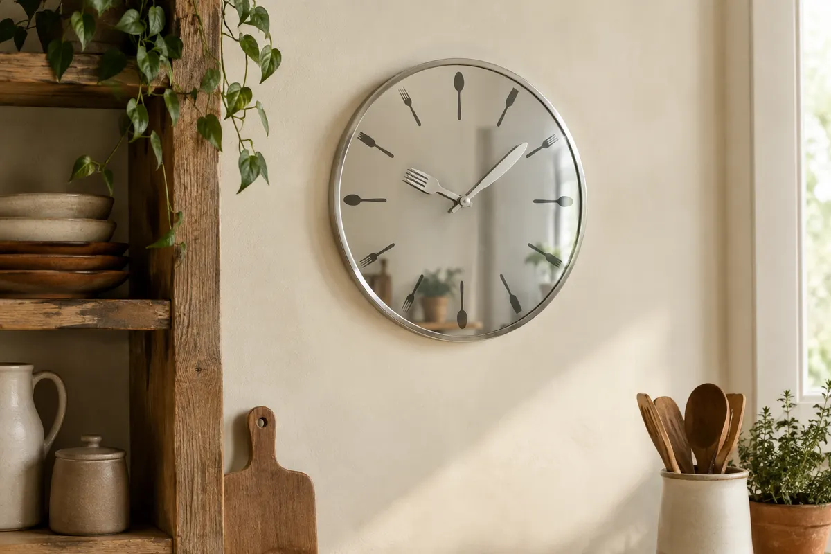 Horloge murale ronde argentée à motifs de couverts, installée sur un mur ivoire dans une cuisine