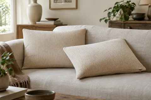 Deux housses de coussin crème en velours côtelé disposées sur un canapé clair, relief visible.