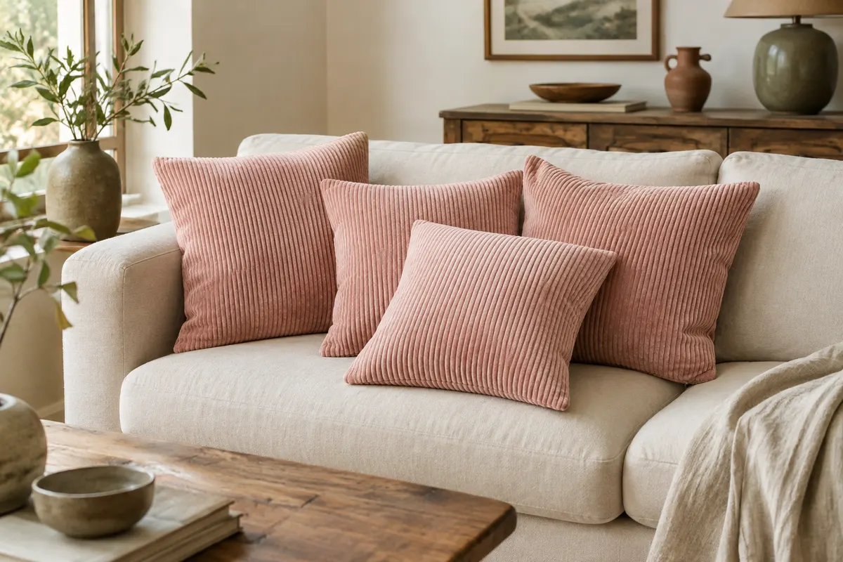 Housses de coussin carrées rose en velours côtelé posées sur un canapé crème dans un salon lumineux