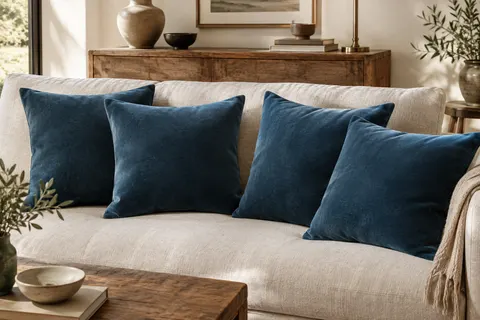 Quatre housses de coussin carrées en velours bleu disposées sur un canapé clair dans un salon lumineux.