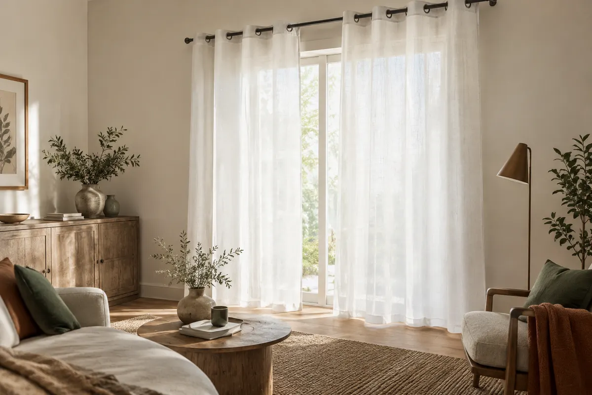Deux voilages blancs à effet lin et à œillets habillent une fenêtre dans un salon lumineux.