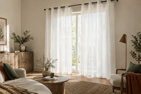 Deux voilages blancs à effet lin et à œillets habillent une fenêtre dans un salon lumineux.