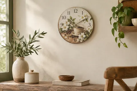 Horloge murale ronde de 30 cm, décor café et fleurs, cadran blanc à chiffres arabes. 