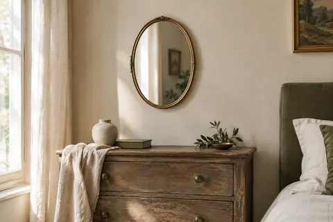 Miroir ovale au cadre bronze doré accroché sur un mur ivoire au-dessus d’une commode en bois patiné.