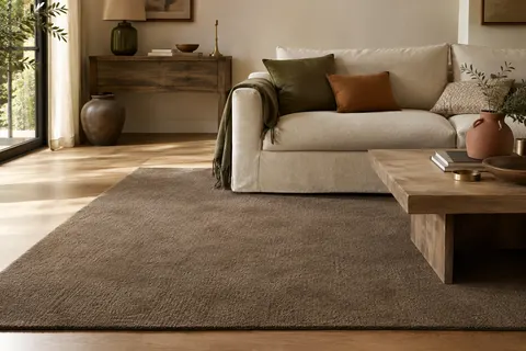 Tapis rectangulaire uni beige foncé à poils ras dans un salon lumineux aux matières naturelles