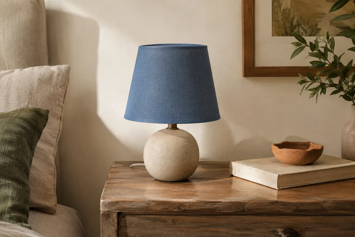 Lampe Lina avec pied beige en céramique effet pierre et abat-jour bleu en tissu sur une table en bois.