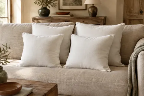 Quatre coussins carrés blancs en tissu brossé disposés sur un canapé en lin dans un intérieur lumineux.