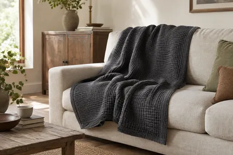 Plaid en coton gris anthracite au tissage gaufré, posé sur un canapé clair dans un intérieur lumineux.