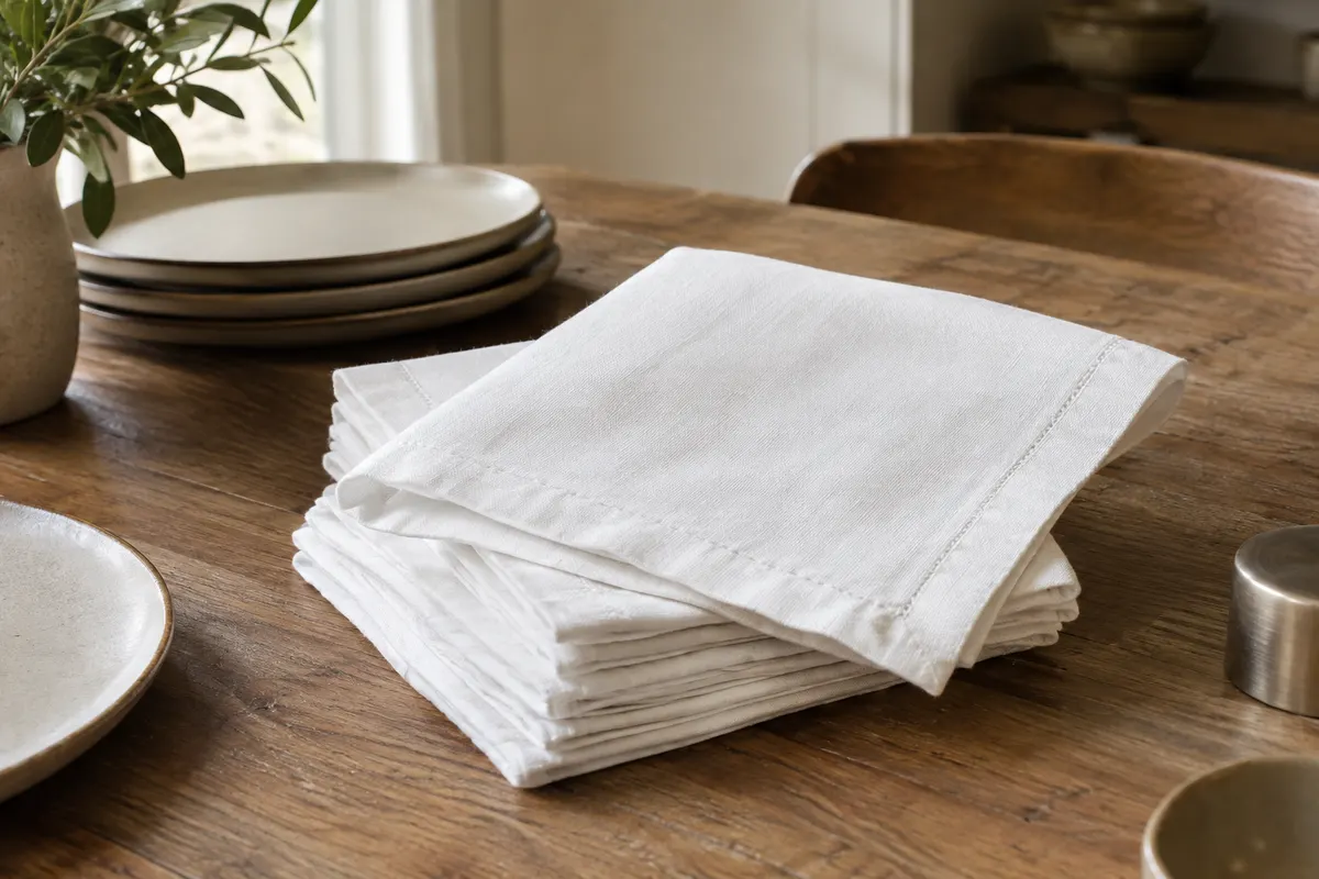 Serviettes de table carrées blanches en coton mélangé, pliées sur une table en bois avec de la vaisselle en céramique
