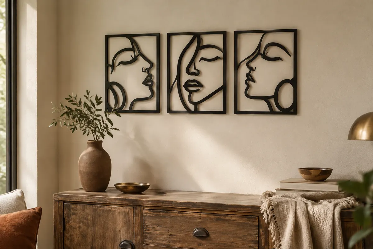 Trois éléments muraux noirs en MDF découpé, formant des visages stylisés sur un mur ivoire.