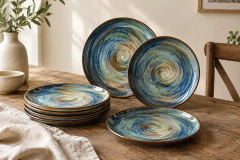 Lot d’assiettes plates Bonita en céramique bleue dégradée présenté sur une table en bois patiné.