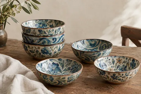 Six bols en grès aux motifs bleus et colorés avec un bord brun, posés sur une table en bois