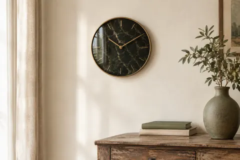 Horloge murale ronde à cadran noir marbré et détails dorés, accrochée sur un mur ivoire.