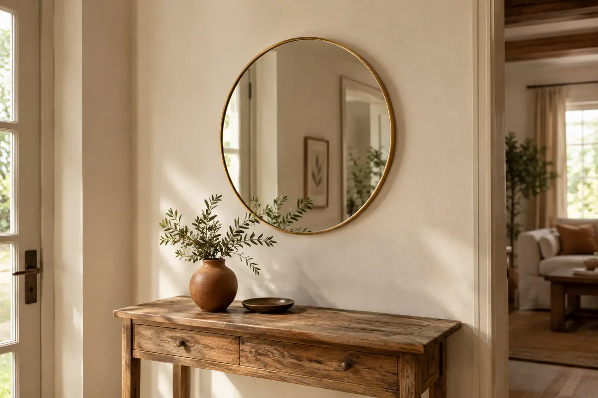 Miroir mural rond de 40 cm au cadre doré, accroché sur un mur ivoire au-dessus d’une console en bois.