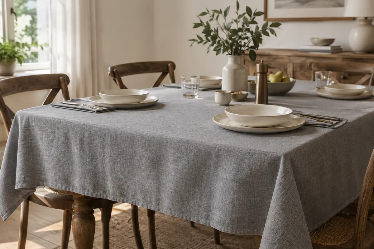 Nappe rectangulaire grise en polyester effet lin dressée sur une table en bois avec de la vaisselle claire.