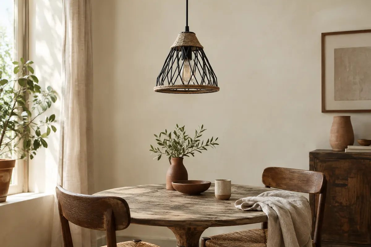 Suspension noire en cage losange avec détails de corde de chanvre, au-dessus d’une table en bois.