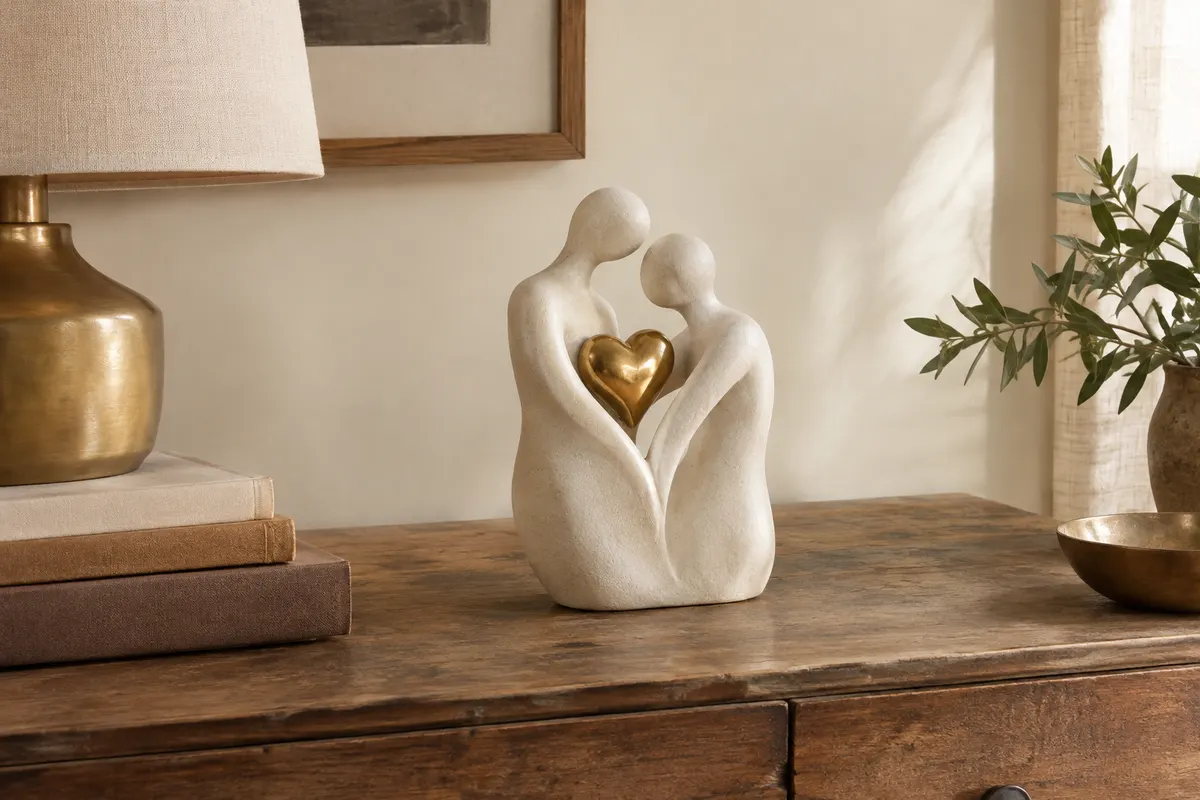 Sculpture blanche en céramique représentant un couple enlacé autour d’un cœur doré, posée sur une console.