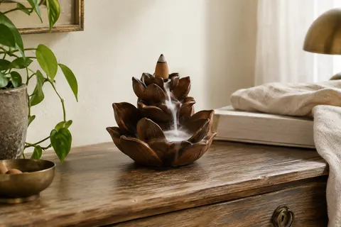 Brûleur d’encens lotus en céramique brune posé sur une console en bois, avec une cascade de fumée