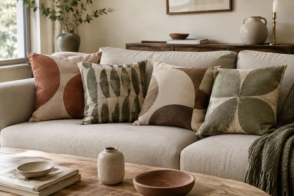 Quatre housses de coussin carrées à motif géométrique en tissu mélangé de lin sur un canapé.