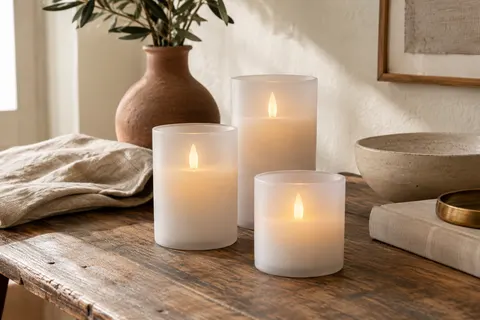 Trois bougies LED en verre blanc mat de différentes hauteurs, avec une lueur vacillante sur une table en bois.
