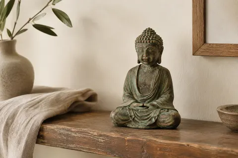Statuette Bouddha vert et marron à finition mate posée sur une étagère en bois