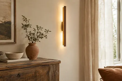 Applique murale ZMH en bois et métal installée sur un mur ivoire dans un intérieur chaleureux