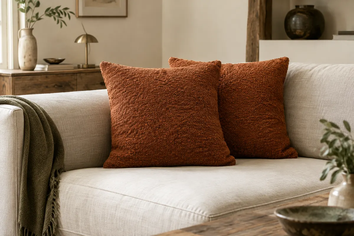 Deux housses de coussin carrées en chenille rouille posées sur un canapé en lin crème.