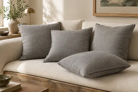Quatre housses de coussin carrées en lin gris présentées sur un canapé clair et une assise en bois.