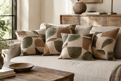 Quatre coussins carrés de 40 x 40 cm en housses à motif géométrique, disposés sur un canapé clair.