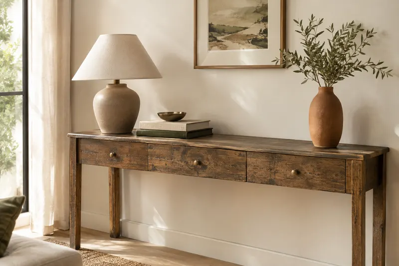 Console décorée d’un vase et d’une lampe, dans une composition sobre aux matières et finitions contrastées