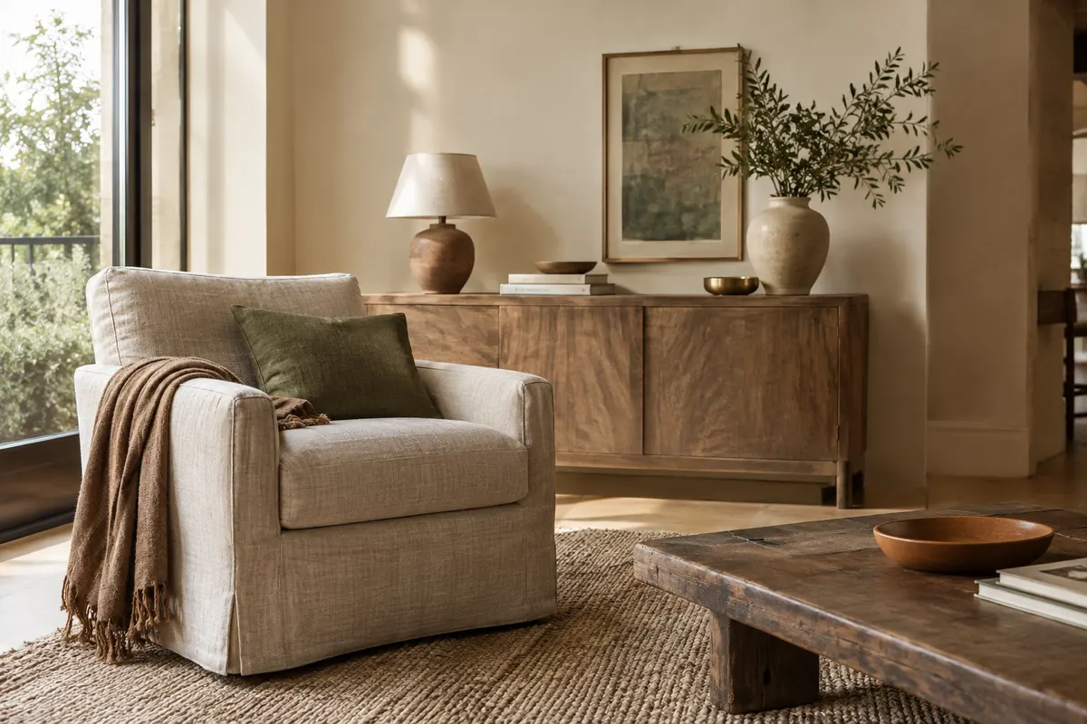Salon chaleureux où coussins, plaid et vase décoratif composent une harmonie de matières et de nuances