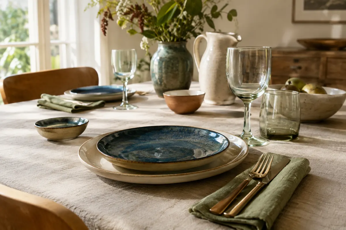 Table dressée avec nappe naturelle, serviettes vert sauge et vaisselle bleue et crème