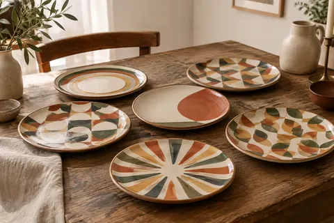 Six assiettes plates rondes en porcelaine brillante aux motifs géométriques colorés, posées sur une table en bois.