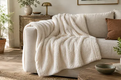 Plaid polaire blanc crème à texture douce posé sur un canapé en lin dans un intérieur lumineux.