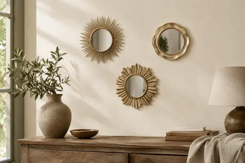 Trois miroirs muraux champagne, deux solaires et un arrondi, disposés sur un mur ivoire au-dessus d’une console.